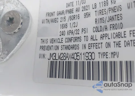 2004 Mazda Mpv Lx z USA, uszkodzony, nr VIN JM3LW28AX40511930